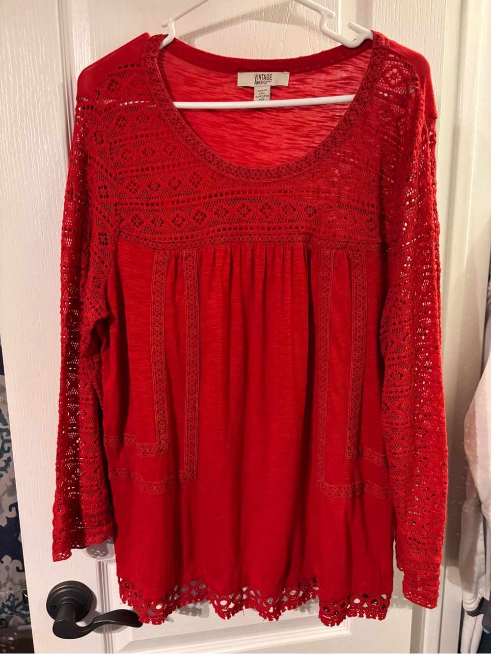 Vintage America Red Crochet Lace Long-Sleeve Top